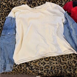 Umgee Cream Top with Blue Denim Sleeves
